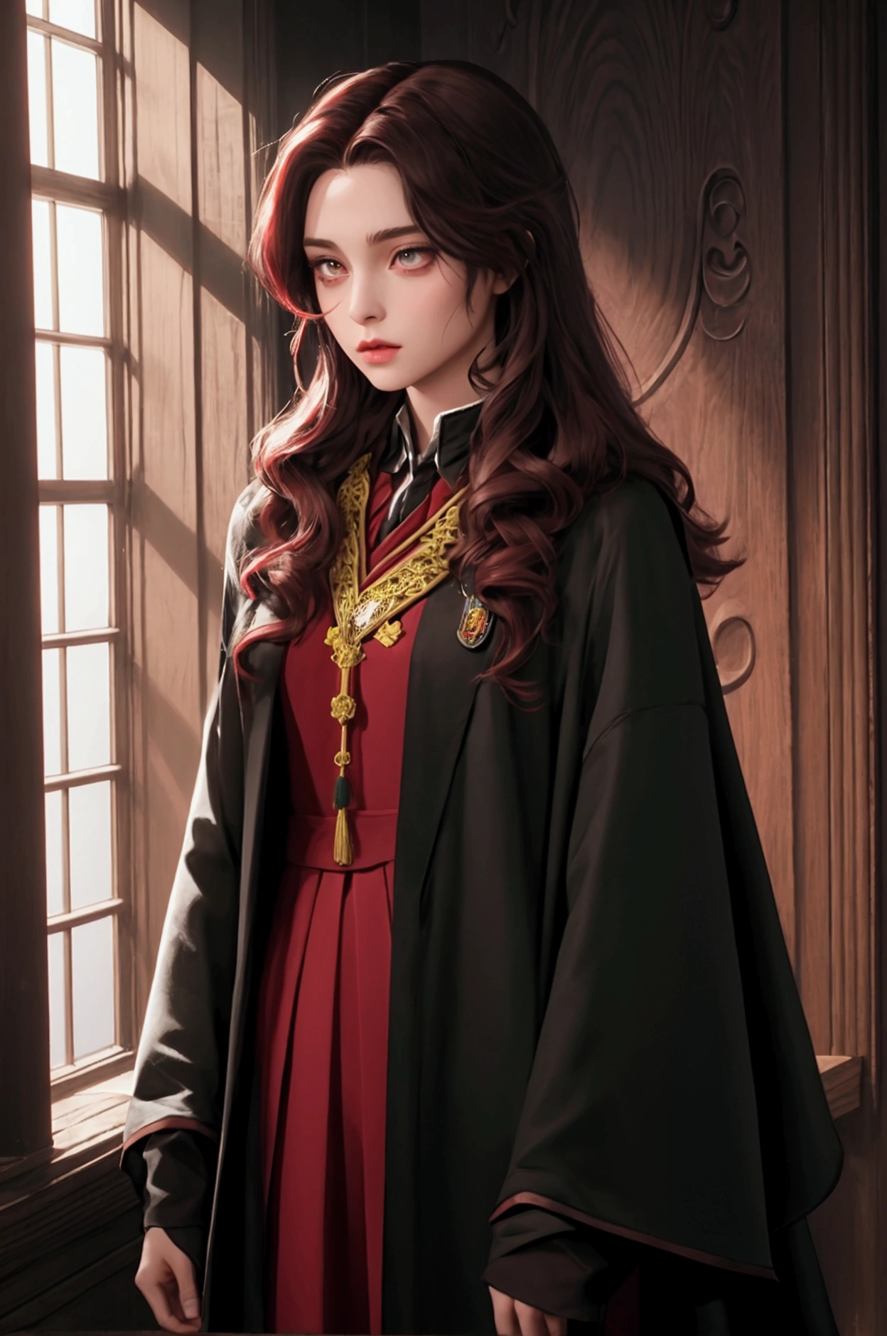 (best quality, masterpiece1.2), (detailed eye: 1.2), intricate detail, 1girl, harry_potter, Hogwarts school uniform, looking at the viewer, smile, black hair, straight hair, pale skin, skirt, cape,