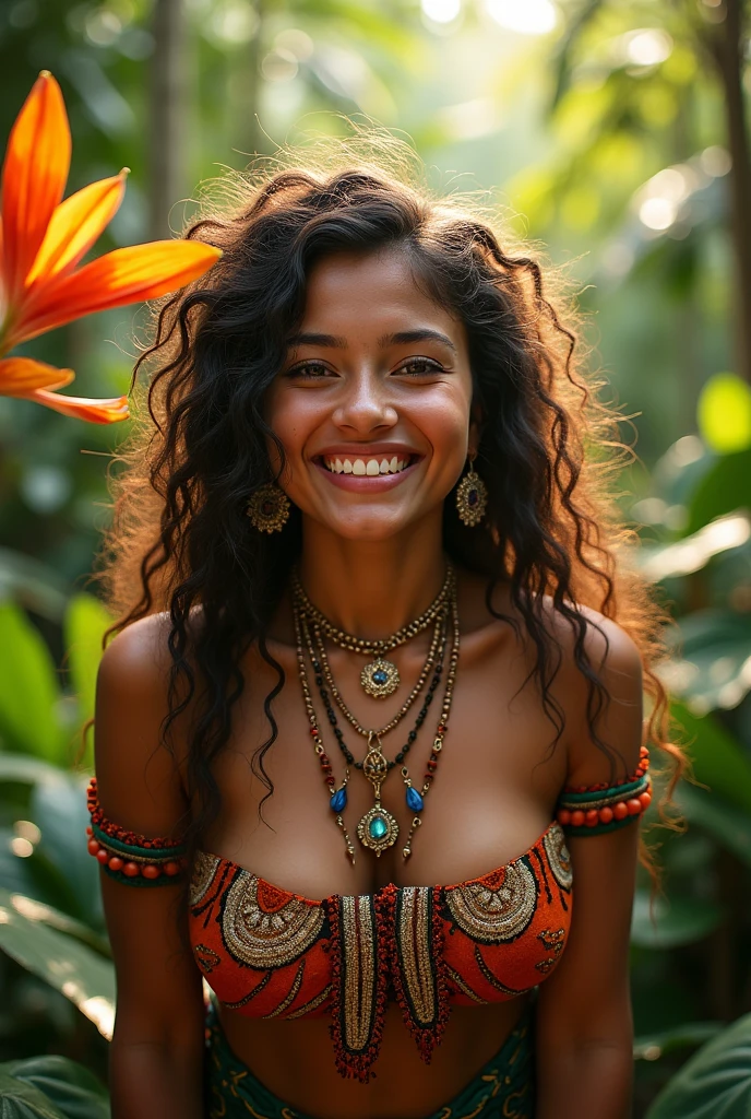 Indian girl, white skin, very beautiful, big round breasts, traditional smiling, no clothes