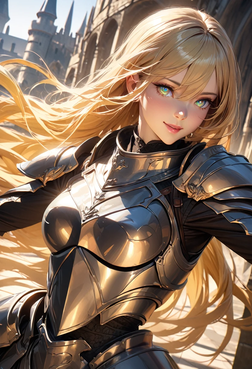 (masterpiece), one girl, knight, perfect anatomy, intricate, (highly detailed), masterpiece, photorealistic, perfect anatomy, cinematic lighting, shading, super detailed skin, beautiful detailed eyes, best quality, ultra-detailed, (illustration), ultra-detailed, close-up, (extremely delicate eyes:1.3), (blonde hair:1.3), (long hair), (flowing hair), (Heavy armour), (castle background), indie aesthetic, smile, dynamic pose, vibrant colour, shadow, contrast, refraction, perspective, depth, good anatomy, stunning details