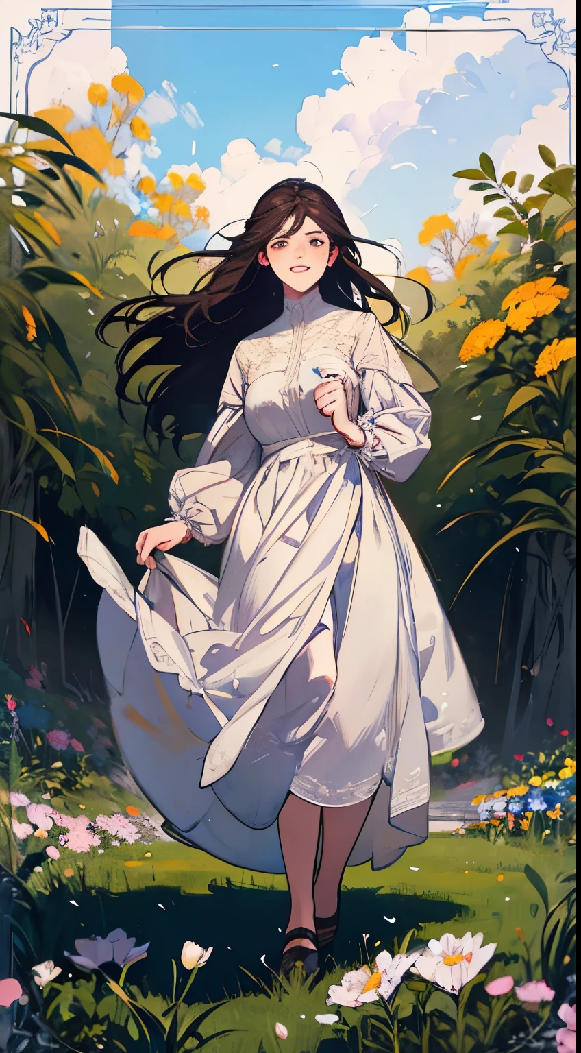 Painting of a woman standing on a hill with flowers in her hands, art by Édouard Bisson, krenzcushart, Opa jeremy lipkin, inspirado em Pierre Auguste Cot, Opa painting style, moebius + Roish + Opa, por Aleksander Gine, Marcos Ariane, inspirado em Cynthia Sheppard