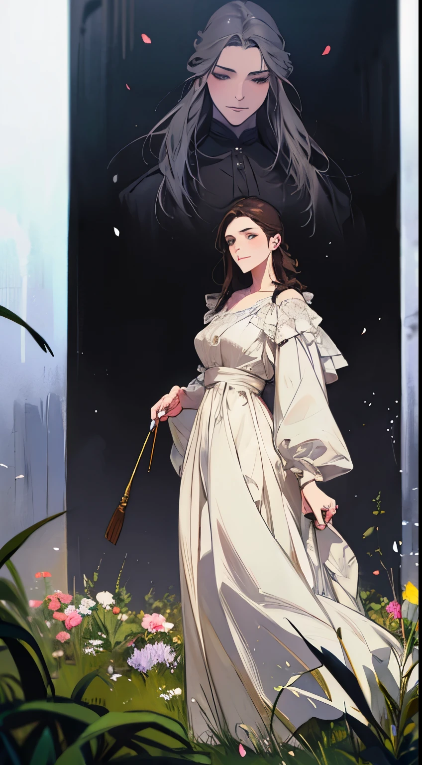 Painting of a woman standing on a hill with flowers in her hands, art by Édouard Bisson, krenzcushart, Opa jeremy lipkin, inspirado em Pierre Auguste Cot, Opa painting style, moebius + Roish + Opa, por Aleksander Gine, Marcos Ariane, inspirado em Cynthia Sheppard