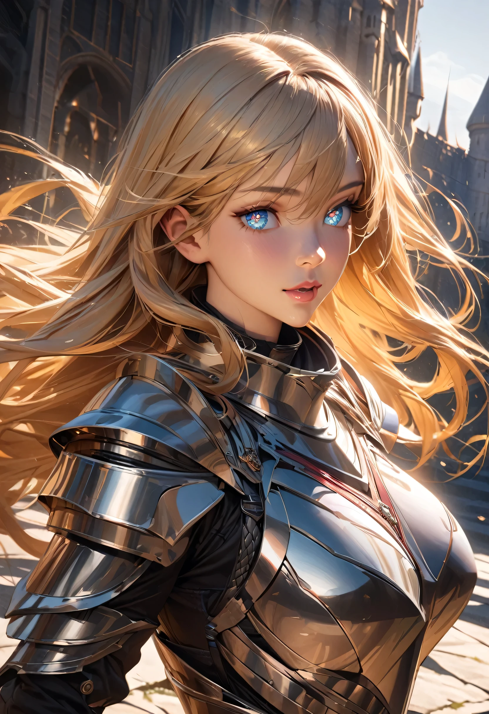 (masterpiece), one girl, knight, perfect anatomy, intricate, (highly detailed), masterpiece, photorealistic, perfect anatomy, cinematic lighting, shading, super detailed skin, beautiful detailed eyes, best quality, ultra-detailed, (illustration), ultra-detailed, close-up, (extremely delicate eyes:1.3), (blonde hair:1.3), (long hair), (flowing hair), (Heavy armour), (castle background), indie aesthetic, smile, dynamic pose, vibrant colour, shadow, contrast, refraction, perspective, depth, good anatomy, stunning details