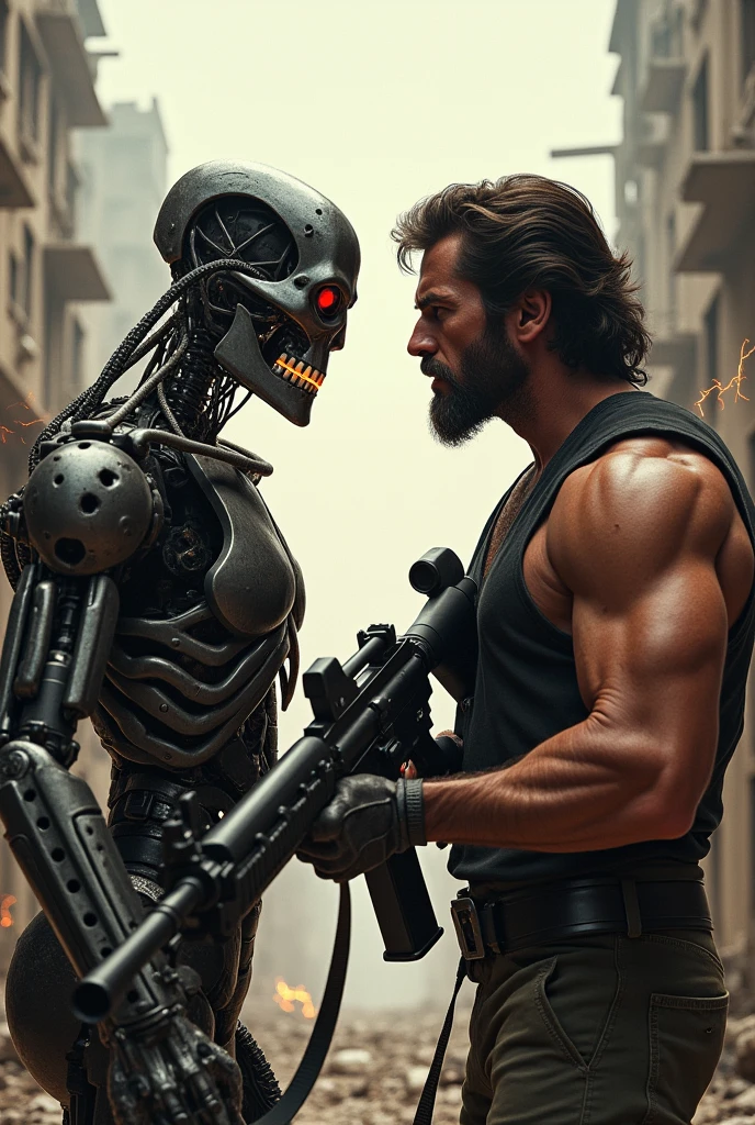 Create a scene of Terminator pointing a gun at Rambo in the middle of the jungle