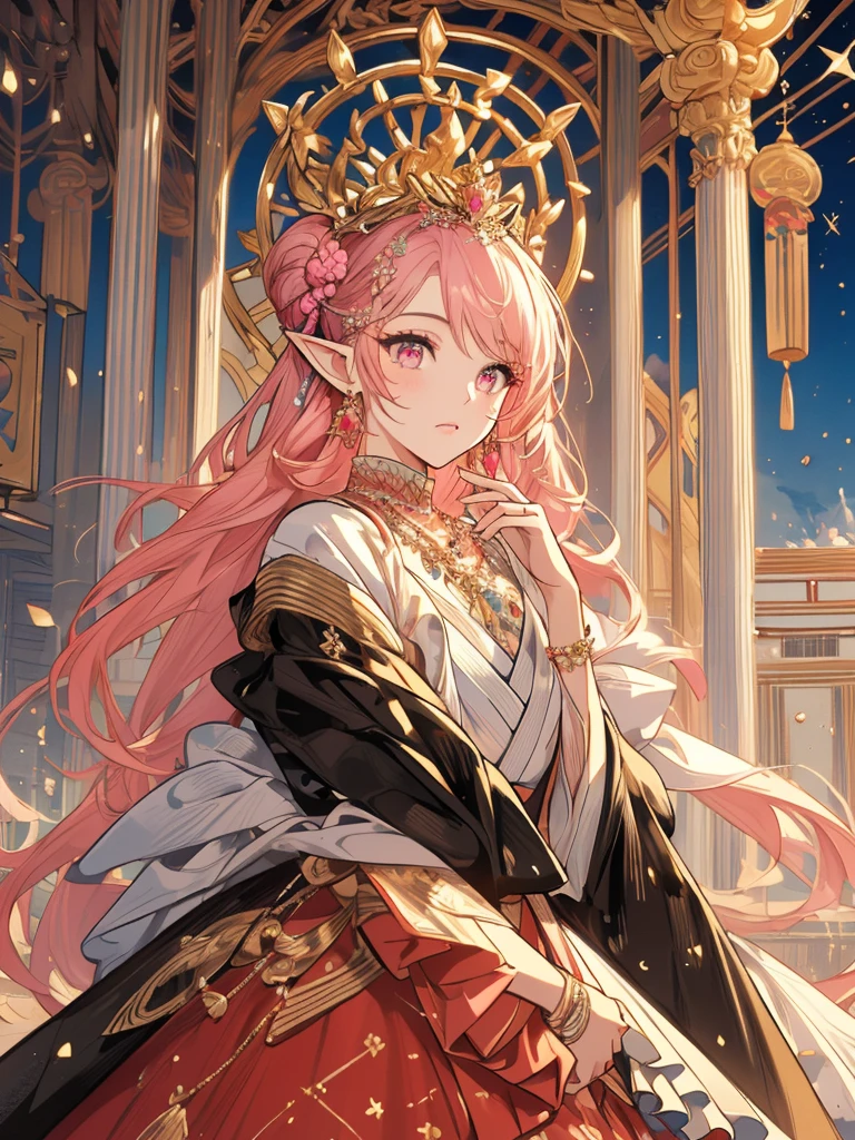 ((masterpiece, ultra quality, official art, beautiful and aesthetic:1.2)), (1lady:1.6), anatomically correct, colorful, ultra highres, unity 8k wallpaper, extreme detailed, pretty, (mandala, tangle), detailed face, divine light, gold leaf art, gold foil, sparkling paintings, long pointy ears, pink eyes, pink hair, iridescent dress, jeweled necklace, elegant tiara, view audience, (long shot), tarotcard, (flamenco:1.6), dancing queen, Ukiyo-e,