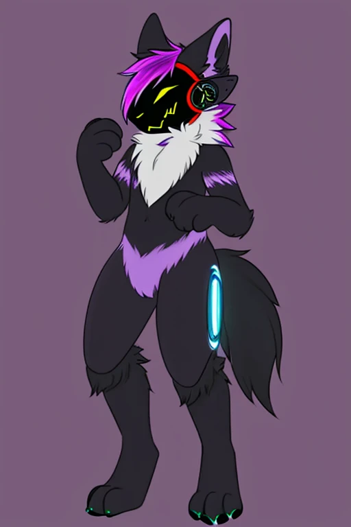 voicemod protogen, happy expression, female, unhunamly gigantic breasts, hyper breasts, unhumanly thick thigs, hyper thigs, unhumanly gigantic ass, hyper ass, slim waist, striped thighhighs, striped arm warmers, multicolored fur, multicolored hair, white fur, blue fur, black fur, extremely long fur, extremely fluffy, extremely long tail, extremely fluffy tail, black latex bra, black latex shorts