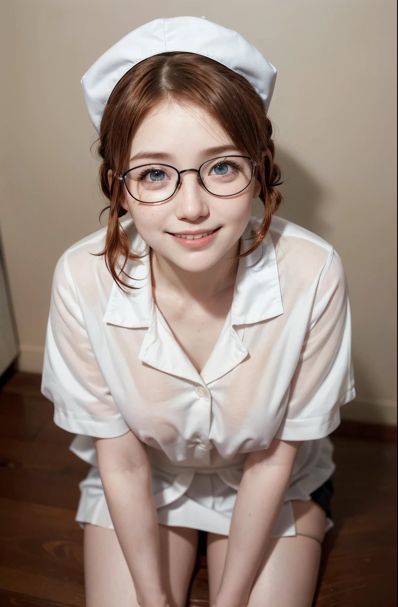 1girl, 1 Russian idol, redhead, (short hair), blue eyes, face freckles, (cute face), (), (((cheeks))), (white nurse uniform), (((small and sagging breasts))), (4K), (1 girl), (face freckles), (((2 ponytails))), (big brown eyes), (smiling:1.25), collar bones, (an extremely delicate and beautiful girl), (short white pleated skirt), (masterpiece), (best quality:1.0), (ultra high resolution:1.0), (sitting pose), (body hair:1.2), (skin detail), (erotic photo style), (((thick nerdy eye-glasses with black frame))), (showing both thighs)