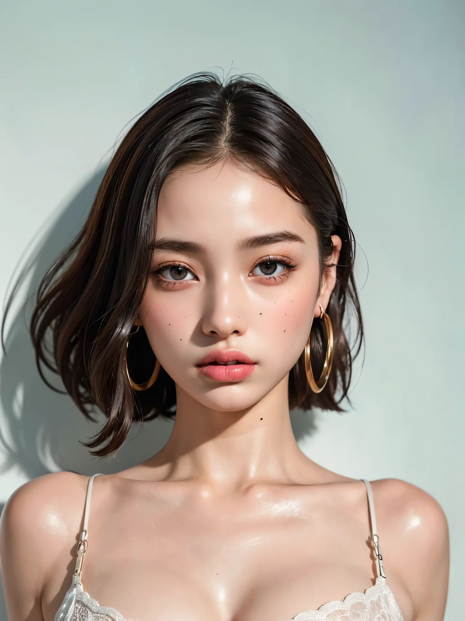 (UHigh resolution, retina, masterpiece, Accurate, Anatomically correct, Textured skin, Super Detail, Attention to detail, high quality, 最high quality, High resolution, 1080P, High resolution, 4K, 8k, 16k), (美しいAttention to detail目, Beautiful lip detail, Highly detailed eyes and face), Soft lighting, Physically Based Rendering, Vibrant colors,((((最high quality、masterpiece, 高精細CG8kイラスト, Graffiti art, Center Configuration, Highly detailed lights and shadows, wall, Highly detailed face and eyes,masterpiece, 最high quality, Alone, One girl, Glowing Skin, Hoop Earrings, [Splendid, Whimsical details, Slicked back hair, Fascinating, Bare shoulders, Crop top, Long trousers, Shallow depth of field, Contrasting, Professional Model, Facing forward, Portraiture , Symmetrical eyes,Detailed hands、Short Hair))), (Glowing Skin), (Wide-angle), Eye Reflexes、(Alone), (Pure Eros Face_1:0.33), (Urzan-6500:0.33)、Outdoor、(((Full Body Shot,Glossy thighs)))、