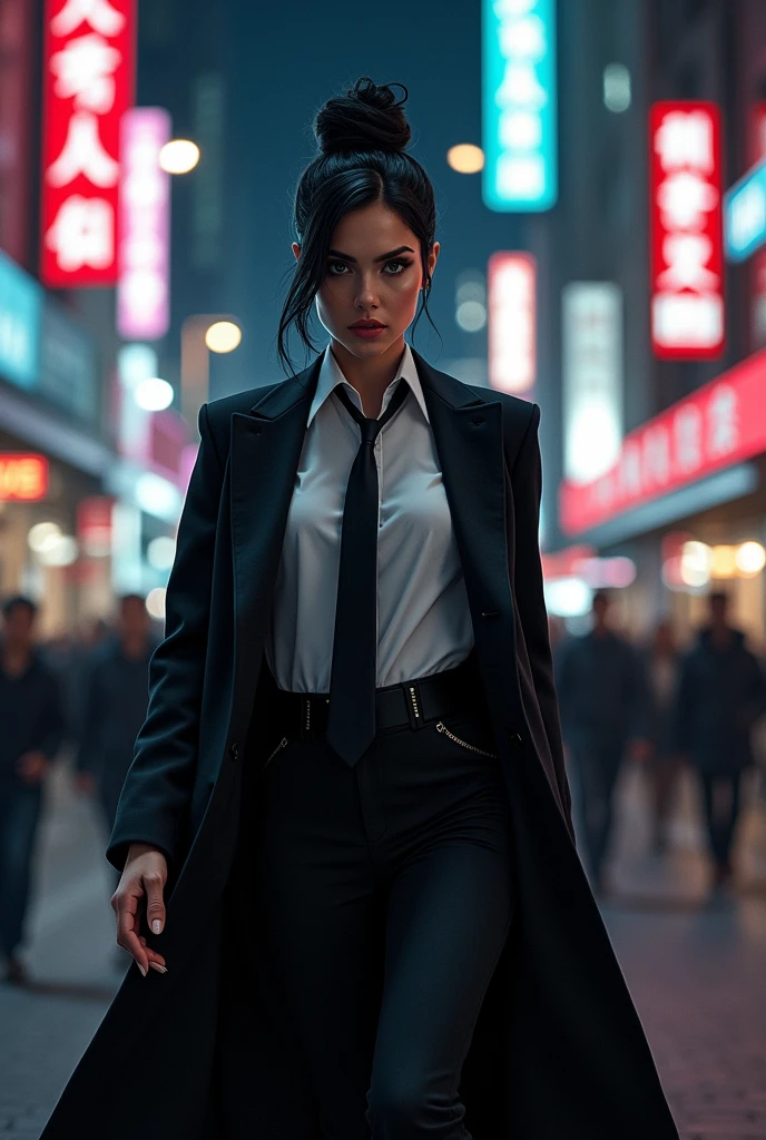 GTA STYLE,chumbo feminino,1girl, looks like olivia thrillby, fashion accessor、dark suit, white shirt unbuttoned top, future city streets,raining dusk, retro artstyle,shadows and highlights,hight contrast,crime and danger、Tension and suspense、Reflections on the avant-garde and the low ebb、Shady、evocative composition。(Best quality at best,4K,8K,A high resolution,tmasterpiece:1.2),ultra - detailed,(actual,realisticlying,Photorealistic:1.37)