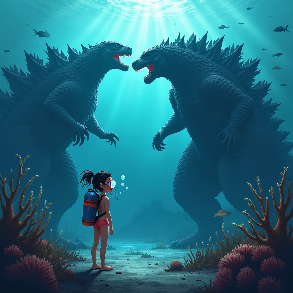 Girl, Black high leg swimsuit, Quiet、Scared girl、shout、Convulsing with fear、Girl being attacked by a monster、Girl caught by monster、be killed、There are a lot of monsters in the background、Girl surrounded by monsters、Solo