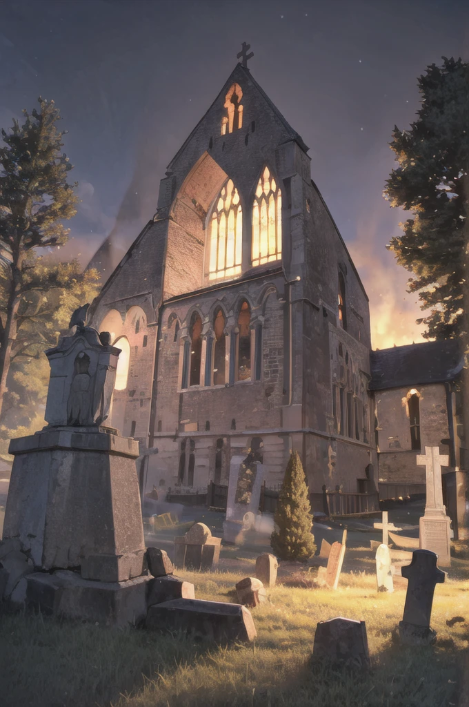 ((masterpiece)), (best quality), official art, extremely detailed CG, unity 8k wallpaper, ultra detailed, highly detailed, detailed background,
EdobChurchCemeteryCreepyNight, church, burning church, flame, cemetery, black sky, in the dark, ,  