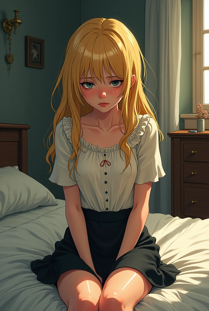 masterpiece, detailed, kitagawa marin, 1girl, blonde hair, long hair, multicolored hair, red eyes, jewelry, earrings, piercing, black choker, (laying on a bed, no clothes on, wearing pajamas, sleep), warm sunlight from windows