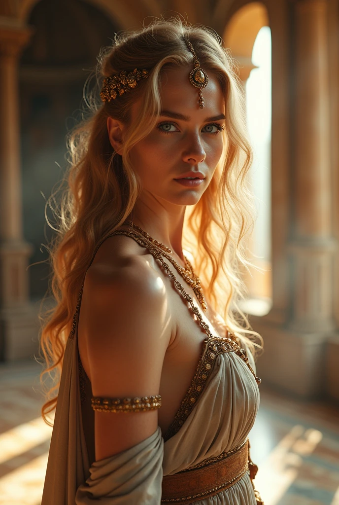 Photo of a female Roman Coliseum warrior, (breasts are nude), gorgeous, age 19, lustful and dangerously seductive, (goddess body), highly detailed skin, ((highly detailed face)), ((highly detailed eyes)), realistic, bokeh, 8k uhd, dslr, cinematic, incredibly artistic lighting, intricate