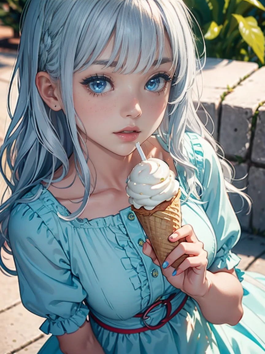 a close-up of a person holding an ice cream cone, sweet girl, woman with wavy silver hair, bangs, light blue eyes, red lips, tender green dress,