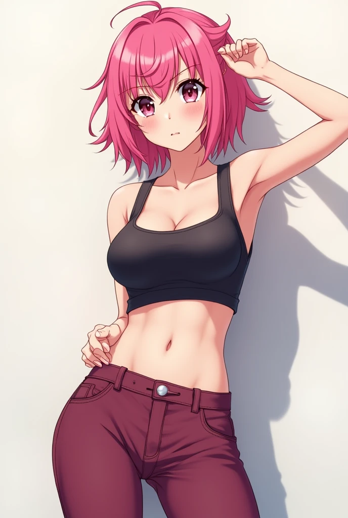 One catgirl transgender called Harifes, with simple clothes and have hair pink/blue, She is sitting and makes a sign with her hand