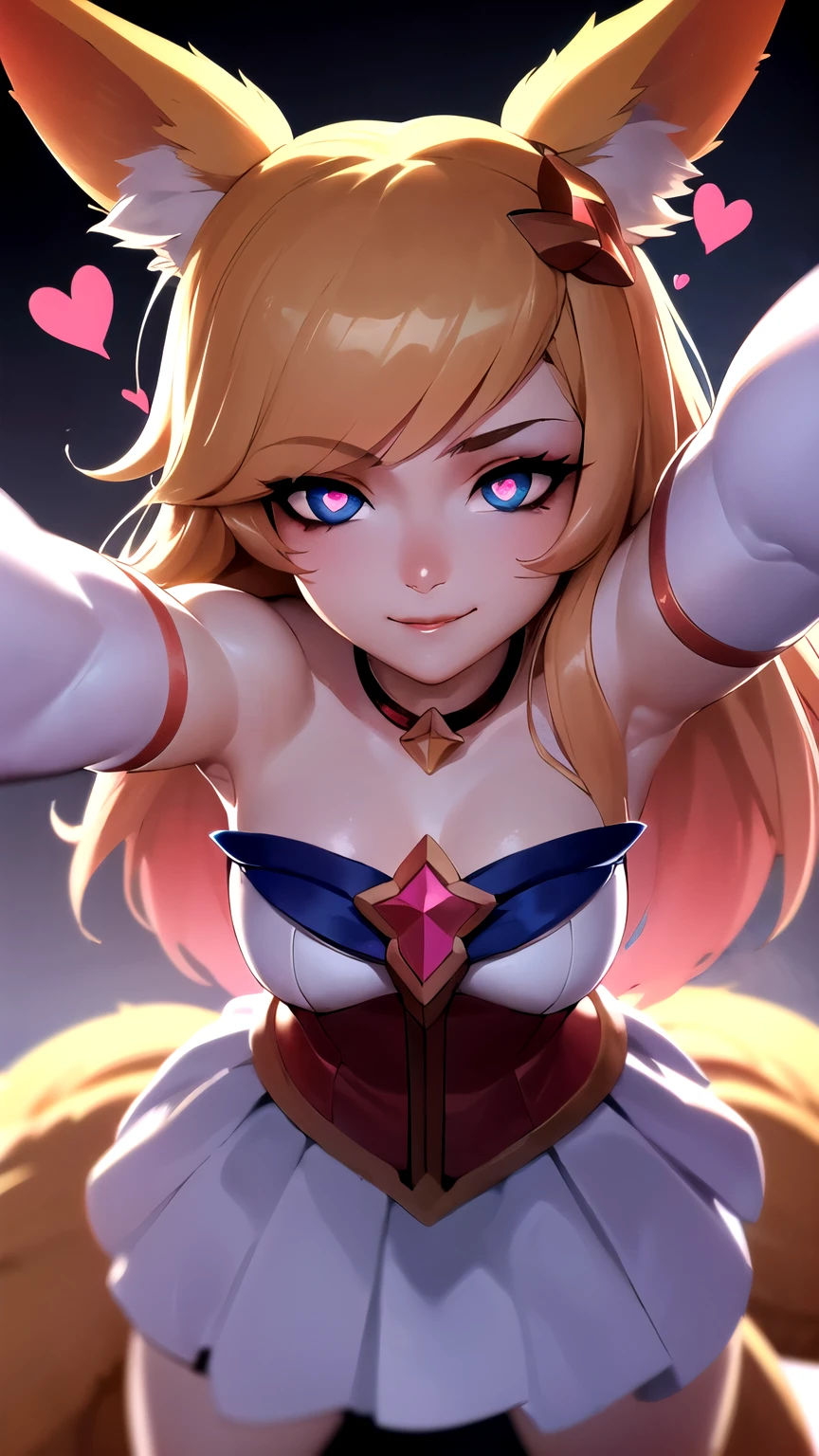 Heart-shaped_pupils, standing, 1girl solo, kabedon pov, (solo, 1girl), starguardianahri, (elbow gloves, hair ornament, star guardian \(league of legends\), chocker, blonde hair, long hair, fox tail, skirt, ), blue eyes, outstretched arms, smile, ((heavy breathing:1.3))