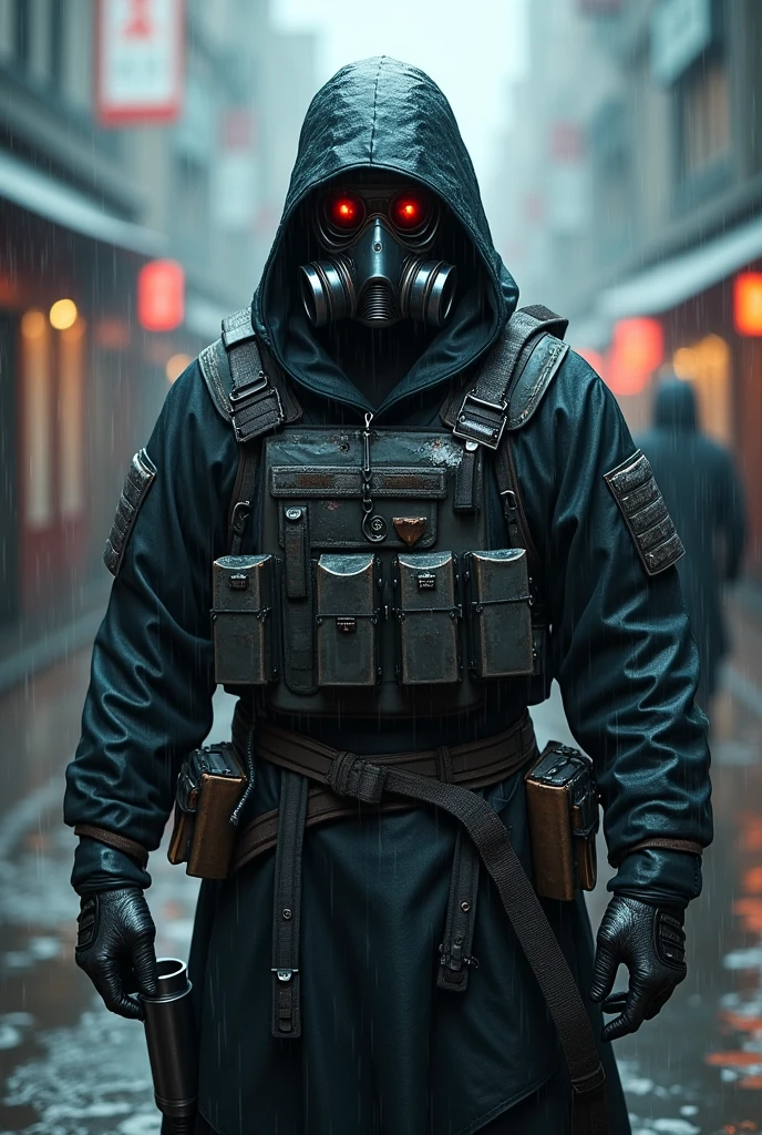futuristic soldier, gilet tactique lourd ,full face mask , capuche large m, man 30 years old, commandant, yeux rouge brillant, full body view