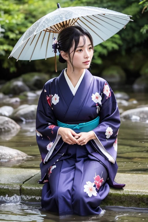 1 person、Real、Wet、Hakama、Japanese、kimono、Women、、Long-sleeved kimono、long hakama、soaking wet、rain、river、Clothes that stick to the skin、floral kimono、cloth that absorbs water、sit