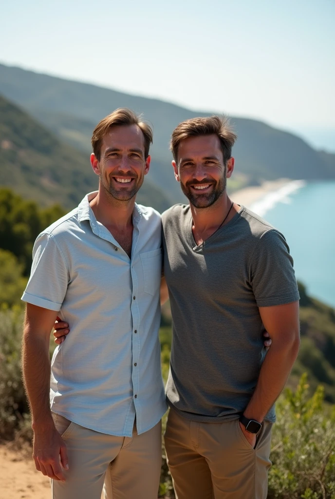 two men, 40s, good looking, beard, smiling, taking a selfie, side by side on a rocky cliff, blue sky background, ƒ/1.9, 2.7 mm, 1/121, ISO 40