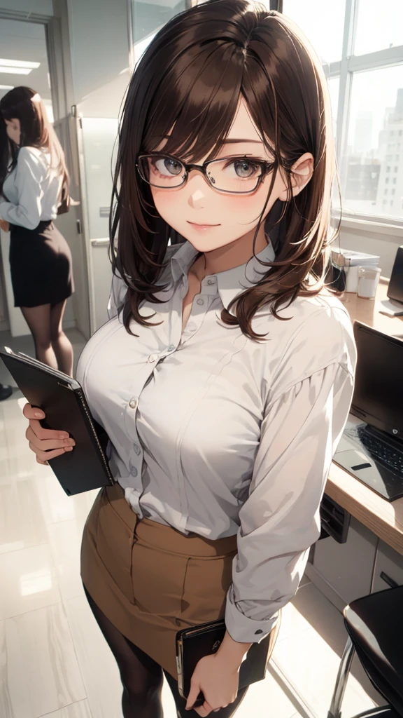 (8k, RAW photo, 最high quality, masterpiece:1.2), High-definition RAW color photo, Professional photo shoot, cinematic light, alone, (((young woman))), (detailed expression), (round eyes, WELLINGTON type glasses), (small face), (high detail skin:1.2), clavicle, cute face, beautiful appearance, long eyelashes, (brown hair, wavy hair, blackい目), (earrings), (slim body shape:1.4), very detailed顔と肌の質感, fine eyes, double eyelid, (((Fun time, smile))), ((facing the front:1.2)), ((photo shootのためポーズをとる, sexy pose)), (At the office:1.5), Joy and excitement, (((office suit_black, white shirt, タイトスカート₋black, 40 denier stockings), ((photo shoot, Low - Angle)), Pose sideways:1.2, beautiful skin, shiny skin, perfect fingers, five fingers, anatomically correct, background bokeh, high quality, surreal, bright colors, ((nikon, 50㎜, f/1.8, very detailed, photo shoot)),