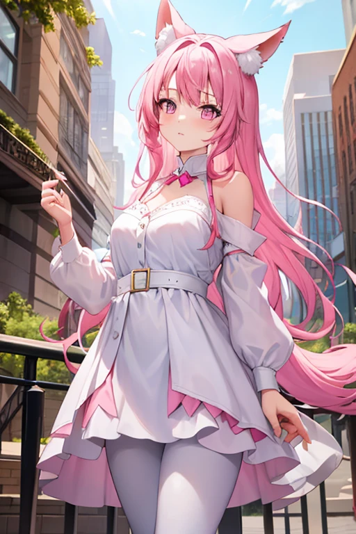 A woman with pink eyes, long pink hair with fox ears. Wears an elegant white and pink dress. wears a white leggings. she comes from wonderland