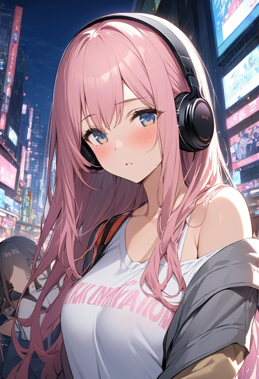 masterpiece、Highest quality、Ultra-detailed、With a girl、Her hair is pink and shoulder length.、Wear headphones, Tokyo、City of night、Makoto Shinkai&#39;s landscape paintings