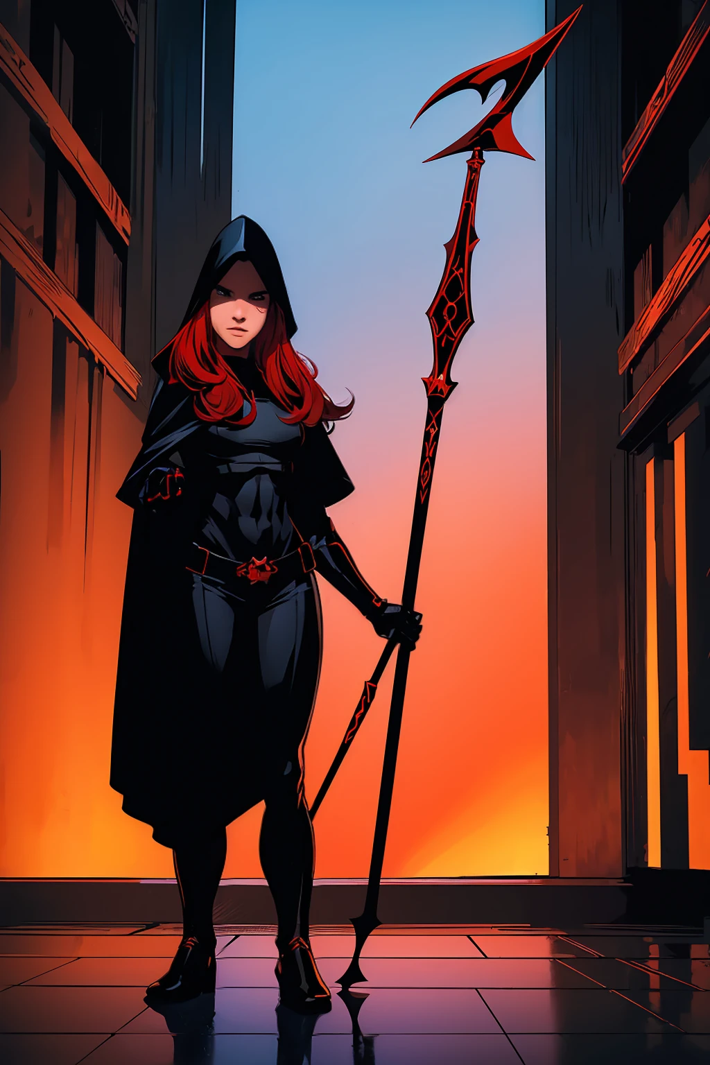 ((Full body photo, standing, feet on the floor))  1 red hair girl Magdalena wearing black hood and black suit, holding spear, city night background, digital art, comic book style, best quality, masterpiece, full body