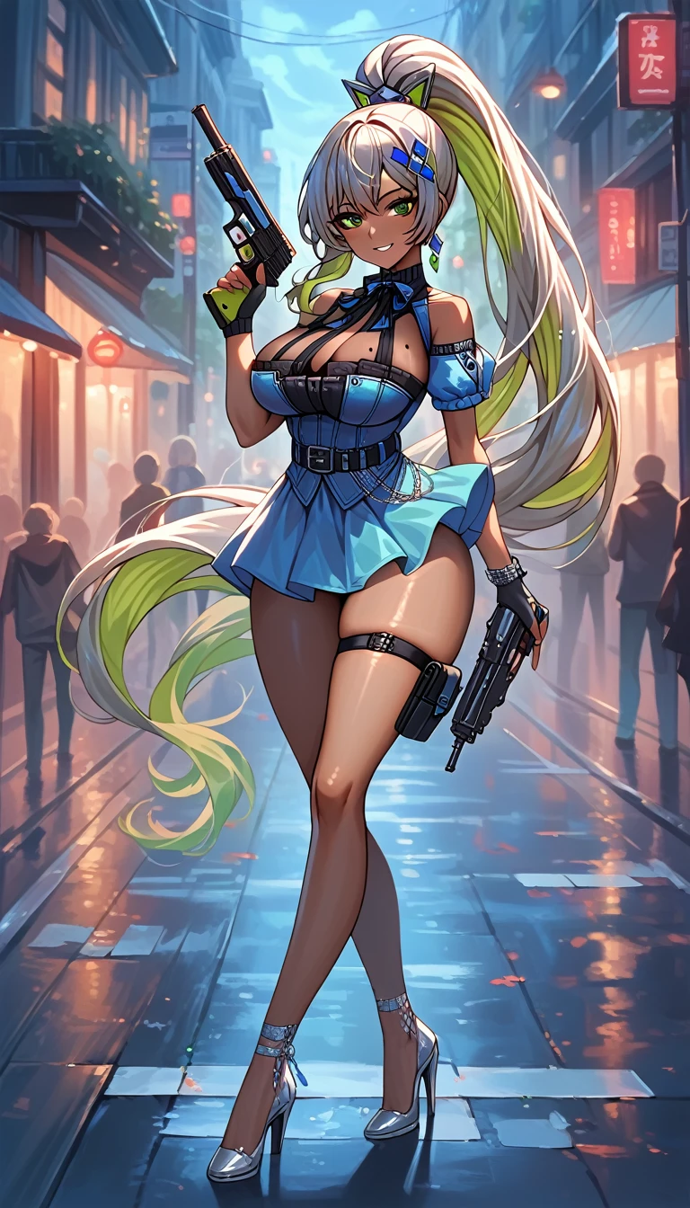 ultra-detailed, 1girl, solo, jelonsdef, Noise, NIKKE, ((masterpiece)), (best quality), (highres), 16K, dark-skinned female, green eyes, multicolored hair, long hair, ponytail holder, hair between eyes, hair ornament, bangs, wearing blue mini dress, belt, fingerless gloves, thigh holster, thigh strap, high heels, busty body, mole on breast, showcasing cleavage, legs, hips, gun, holding gun, looking at viewer, smile, thigh details, detailed full body, night street background