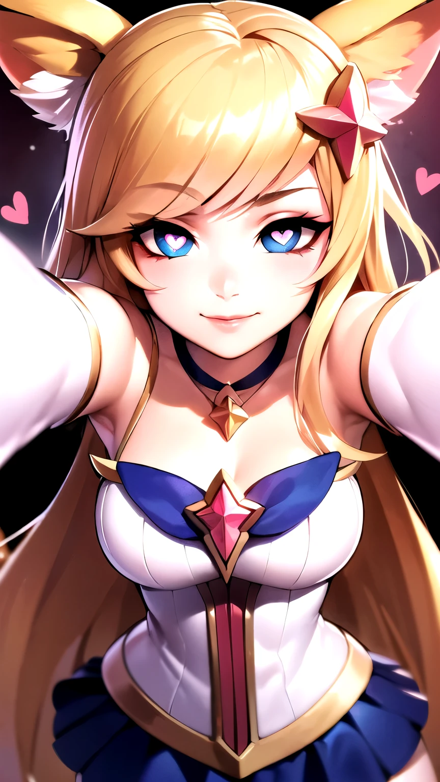 Heart-shaped_pupils, standing, 1girl solo, kabedon pov, (solo, 1girl), starguardianahri, (elbow gloves, hair ornament, star guardian \(league of legends\), chocker, blonde hair, long hair, fox tail, skirt, ), blue eyes, outstretched arms, smile, ((heavy breathing:1.3))