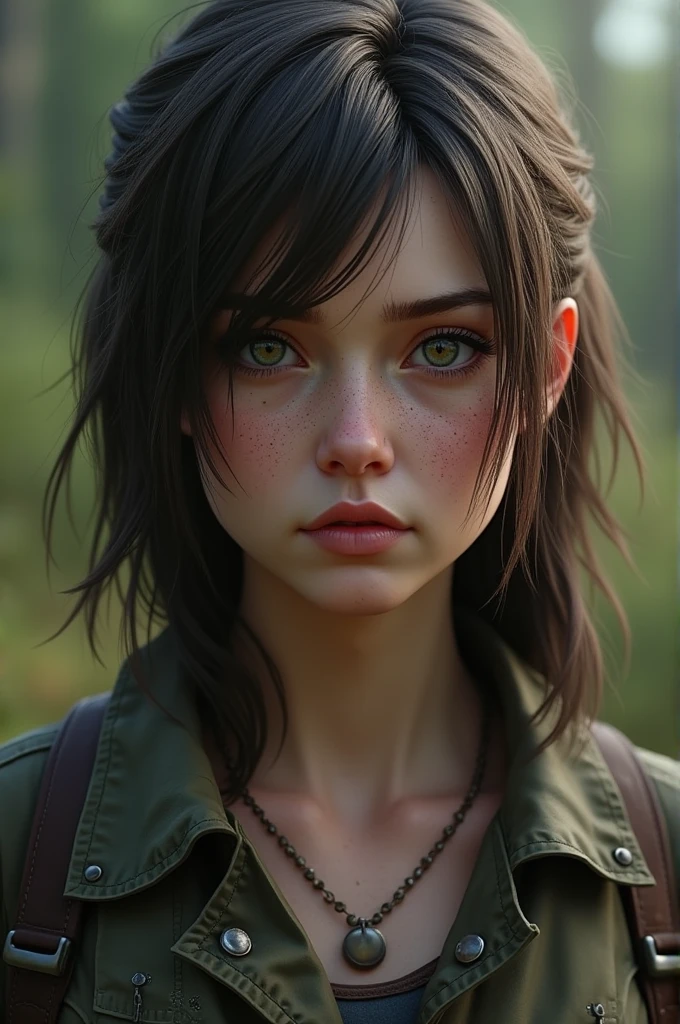 A woman, thirty two years old, with soulless brown eyes and short hair brown, with military uniform, small nose and perfect lip. she have a soldier and war background, run makeup, perfect brown eyes and little blood in her face, white skin