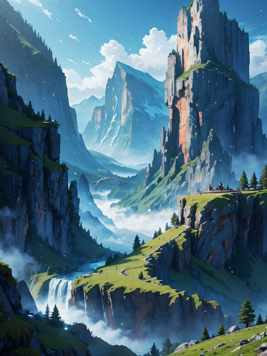 mountains with a waterfall and a few trees in the foreground, impressive fantasy landscape, an epic landscape, fantasy matte painting，cute, fantasy art landscape, most epic landscape, 4k hd matte digital painting, epic fantasy landscape, 4k highly detailed digital art, epic dreamlike fantasy landscape, epic landscape, 4 k matte painting, ross tran. scenic background