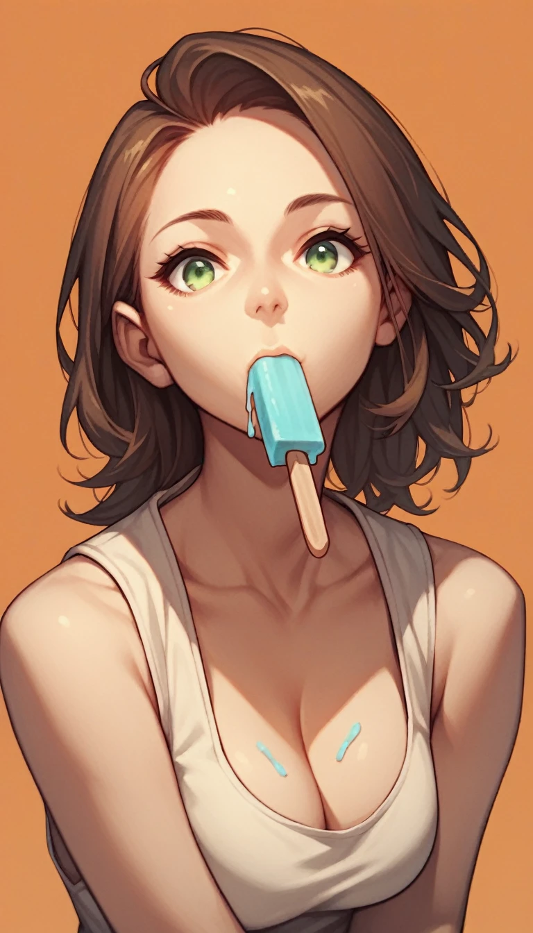 score_9, score_8_up, score_7_up, score_6_up, score_5_up, score_4_up, source_cartoon, cute girl, brown hair, olive green eyes, sleeveless, cleavage, mouth hold, popsicle, food in mouth, white background, closeup, orange background