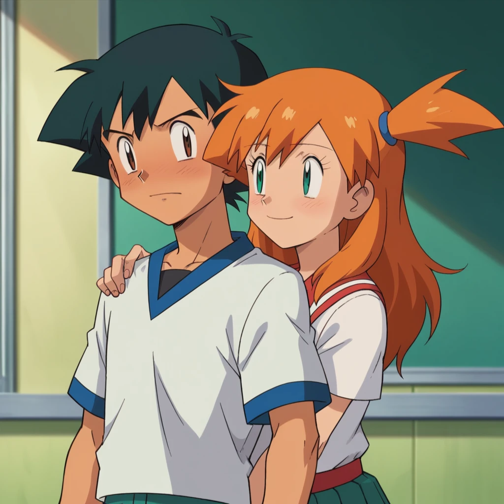 1boy, ash ketchum, black hair, brown eyes, ash ketchum, white t-shirt, school uniform, handsome boy, macho, good looking boy 1girl, misty pokemon, green eyes, orange hair, long hair, hair down, white t-shirt, school uniform, pretty, beautiful girl photograph of a 1 couple, on the school landing, she slaps him, she hits him in the face