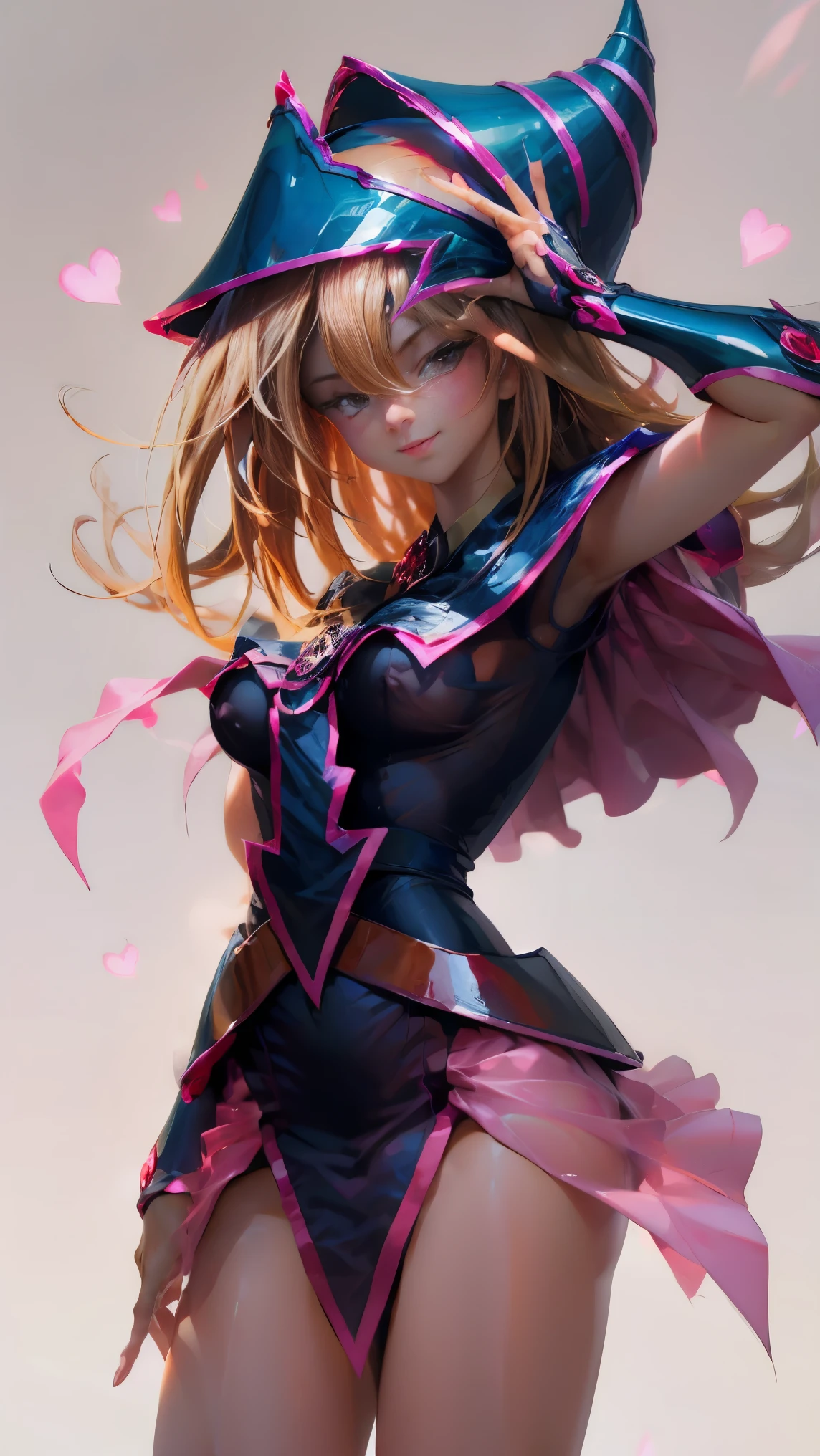 Dark magician gils. Making the peace and love sign with his fingers, smile . She is dressed as a sexy schoolgirl. Translucent and transparent clothing. the nipples are marked. the vagina. Magic of hearts in the air. Sensual and seductive pose. Mystical magic background. 