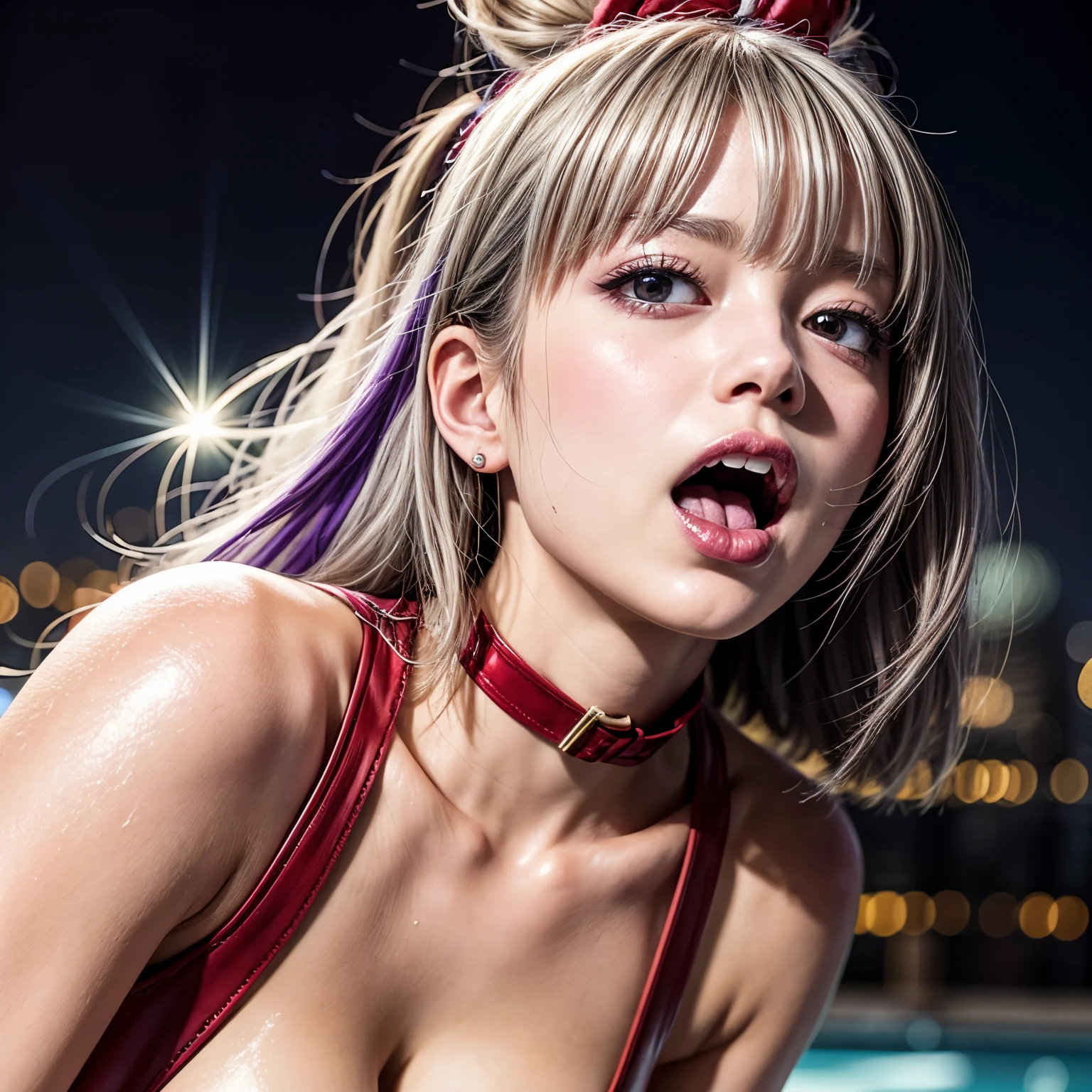 (masterpiece:1.2) of professional Analog Hi-Res photo, (realistic and photorealistic with touch of rawness:1.37), a close-up portrait of (KAWAII princess wearing thongs), Infinity pool on the roof of Skyscraper, The sky at dusk turns from orange, intricate lighting effects with light particles, (((many colorful lights dazzling bokeh))), Traffic lights, enjoying summer festival, { Childish | Gigantic Cleavage } . BREAK (((NOGIZAKA))) Extremely Detailed very KAWAII face variation, captivating gaze, elaborate detailed Eyes with (sparkling highlights:1.2), long eyelashes、Glossy RED Lips with beautiful details, Coquettish tongue, Rosy cheeks . (Dynamic joyful expressions), { pleasure in agony | Ecstasy | :D | screaming | Perplexed }, Mystic sight . hair and eye color is same color, { Full of flowers | Red leather high collar | Red ribbon | Tiny Coronet | Pearl piece | half updo | short bob }, from diagonally angle .