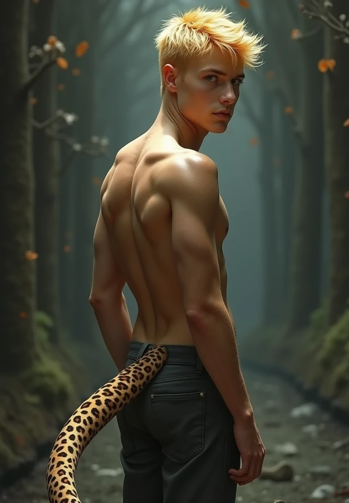 one guy, a 2 boy, handsome, his skin is a tropical Latin color, white hair with a bowl cut, he is in a side position, he is naked, we can see his body and his buttocks, he holds a jaguar skin to keep warm from the cold, he is in the middle of the Amazon at night