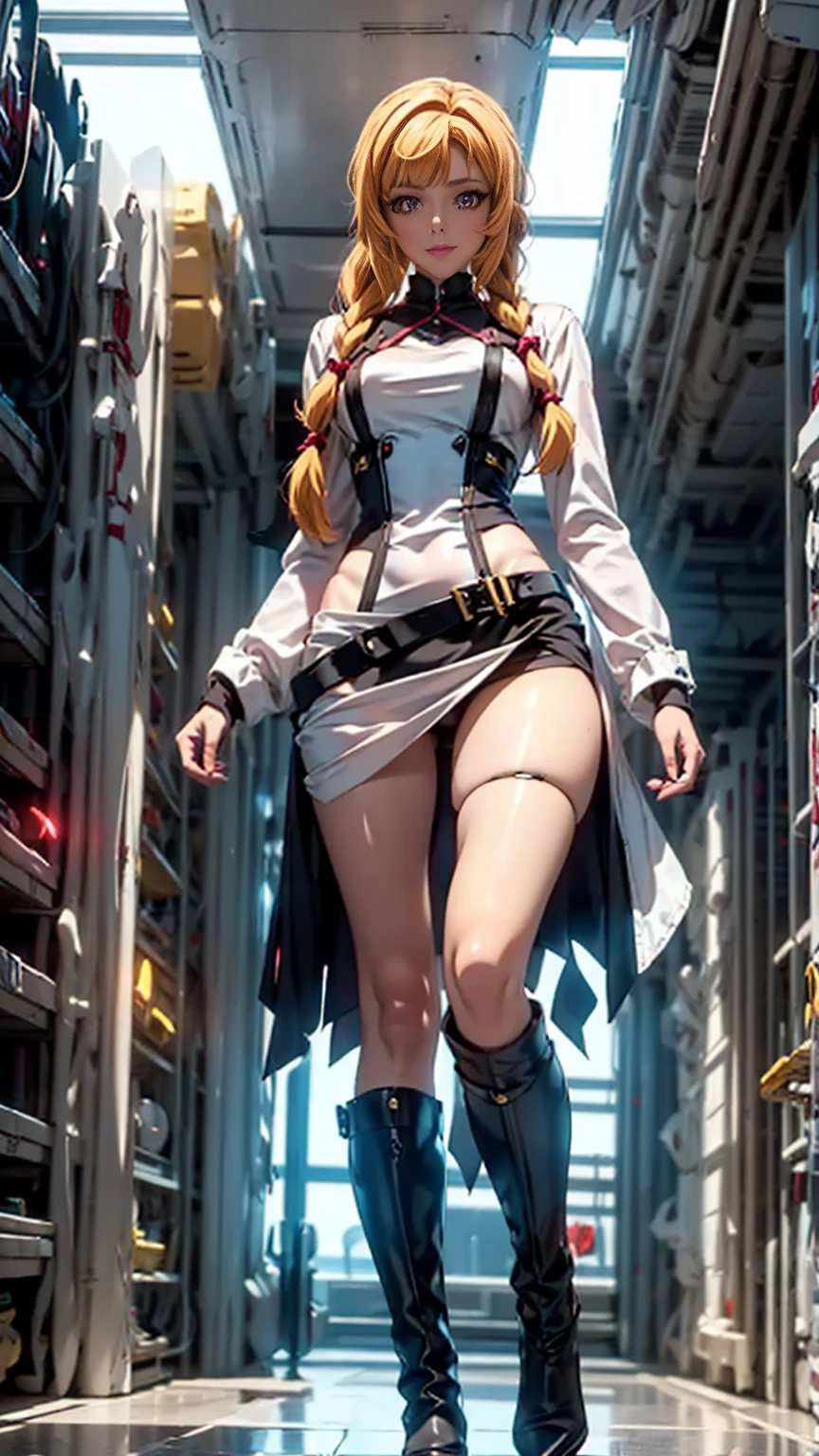 a beautiful detailed portrait of Kudelia Aina Bernstein from Gundam IBO, (Kudelia Aina Bernstein), (wide angle:1.27), (full length portrait:1.37), thigh length yellow hair in a single braid, contrapposto pose, viewing from slightly below, excited facial expression, wearing white formal gown, dress lifted, revealing tight white thigh high boots, glimpse of red thong underneath, round hips, highly detailed, intricate details, cinematic lighting, spaceship hangar Bay interior, BREAK: skirt removed, BJ_Gundam, 