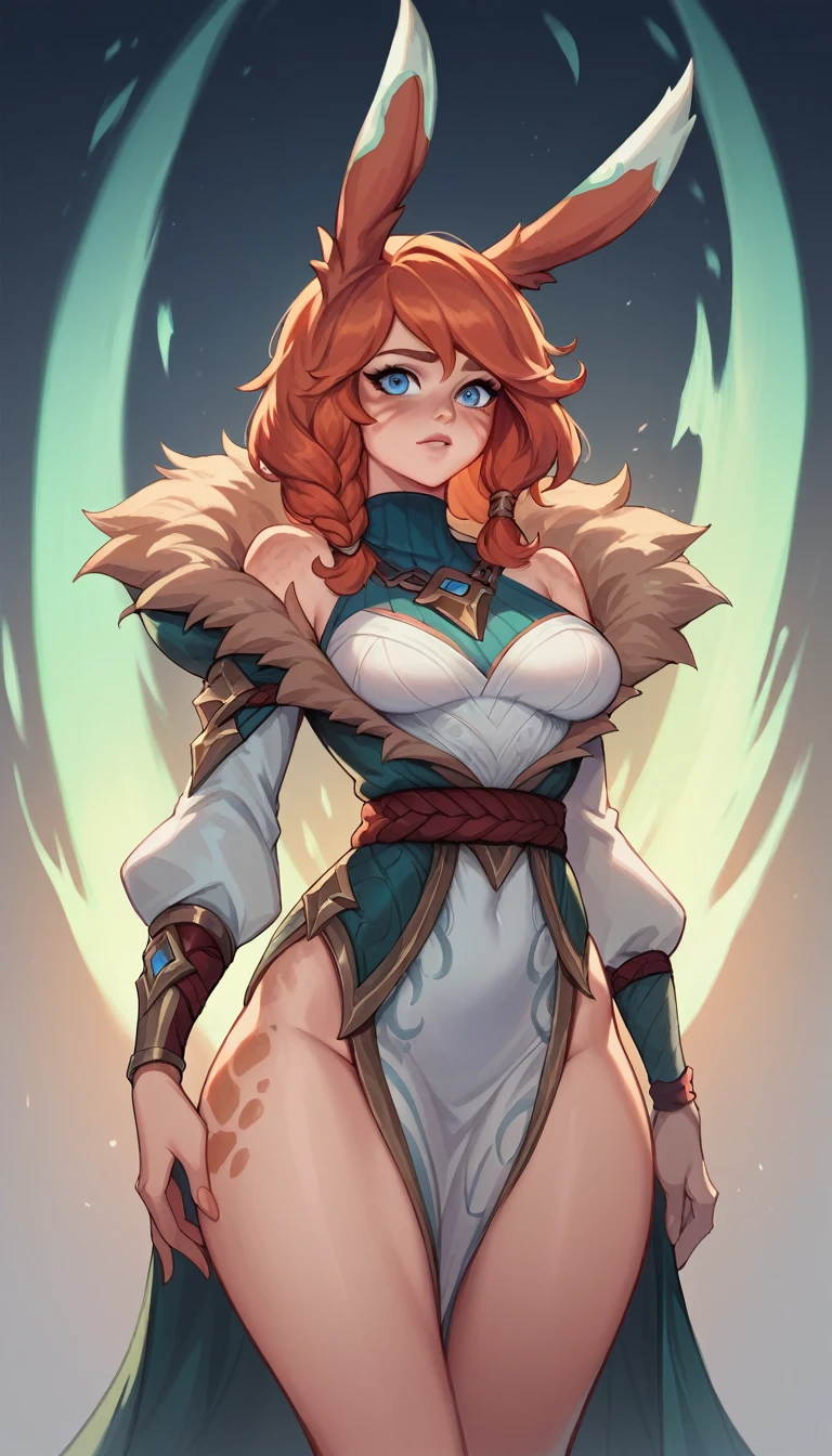 best quality, Super detail, work of art, Ultra HD, 8k, 1 girl, focus on the girl, aurora, League of legends, new, sexy e sensual, standing, showing the thighs, emphasis on the thighs, with bunny ears.