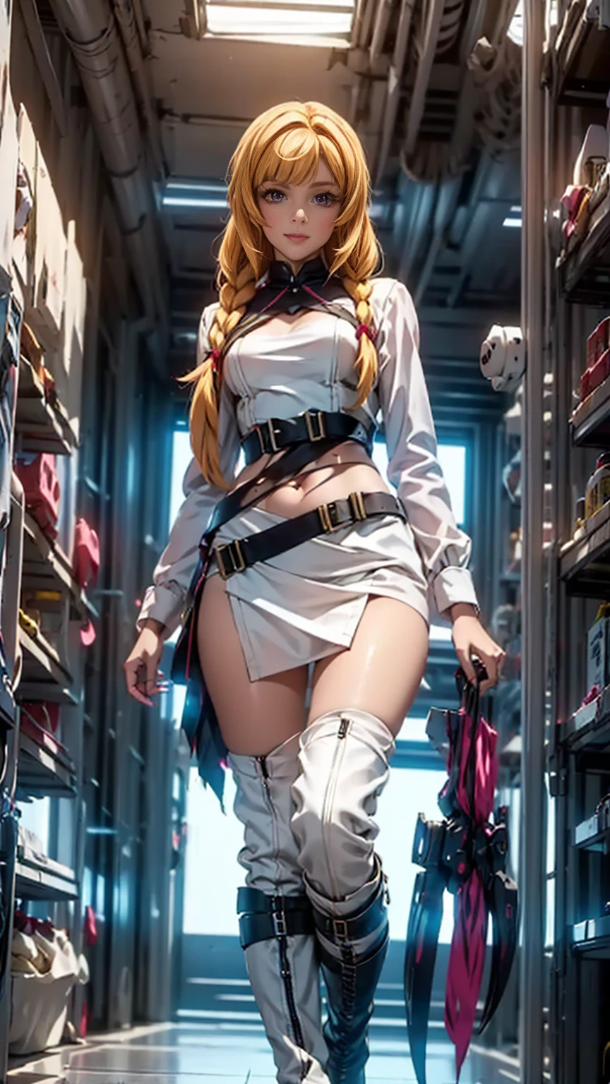 a beautiful detailed portrait of Kudelia Aina Bernstein from Gundam IBO, (Kudelia Aina Bernstein), (wide angle:1.27), (full length portrait:1.37), thigh length yellow hair in a single braid, contrapposto pose, viewing from slightly below, excited facial expression, wearing white formal gown, dress lifted, revealing tight white thigh high boots, glimpse of red thong underneath, round hips, highly detailed, intricate details, cinematic lighting, spaceship hangar Bay interior, BREAK: skirt removed, BJ_Gundam, 