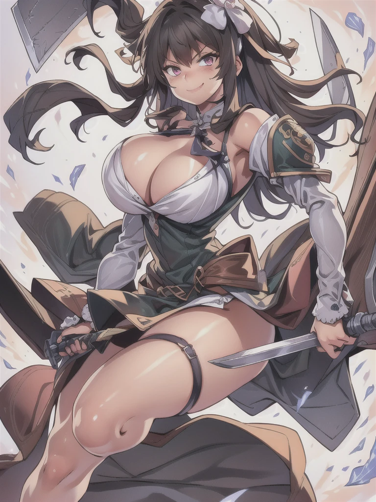 masterpiece,best quality,kim_kwang_hyun, 1girl,kashino, Brown  Long hair, big busty , large huge breasts, looking at viewer, pink eyes, Brown Long hair, bangs, large huge breasts, long sleeves, dress, cleavage, closed mouth, Long weapon((sword)), puffy sleeves, arm up, clothing cutout, copyright name, green dress, cleavage cutout, juliet sleeves , power armor, shoulder armor, Brown long hair,  smirk, pink eyes 