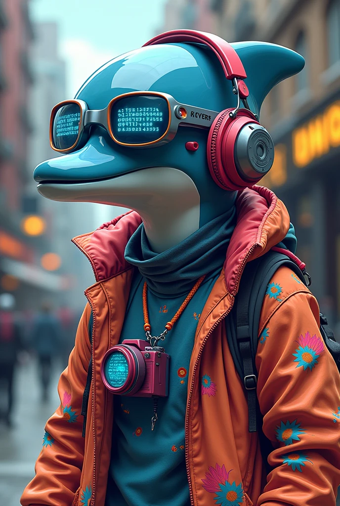 an anthropomorphic dolphin, dressed in 80s clothes but with cyberpunk style like a street art creator, He is wearing stereo headphones and glasses with a light blue HTML code on them.. He wears a camera hanging from his neck, On his light blue jacket he has the text in black ("seaart"). watching a group of people painting on the street