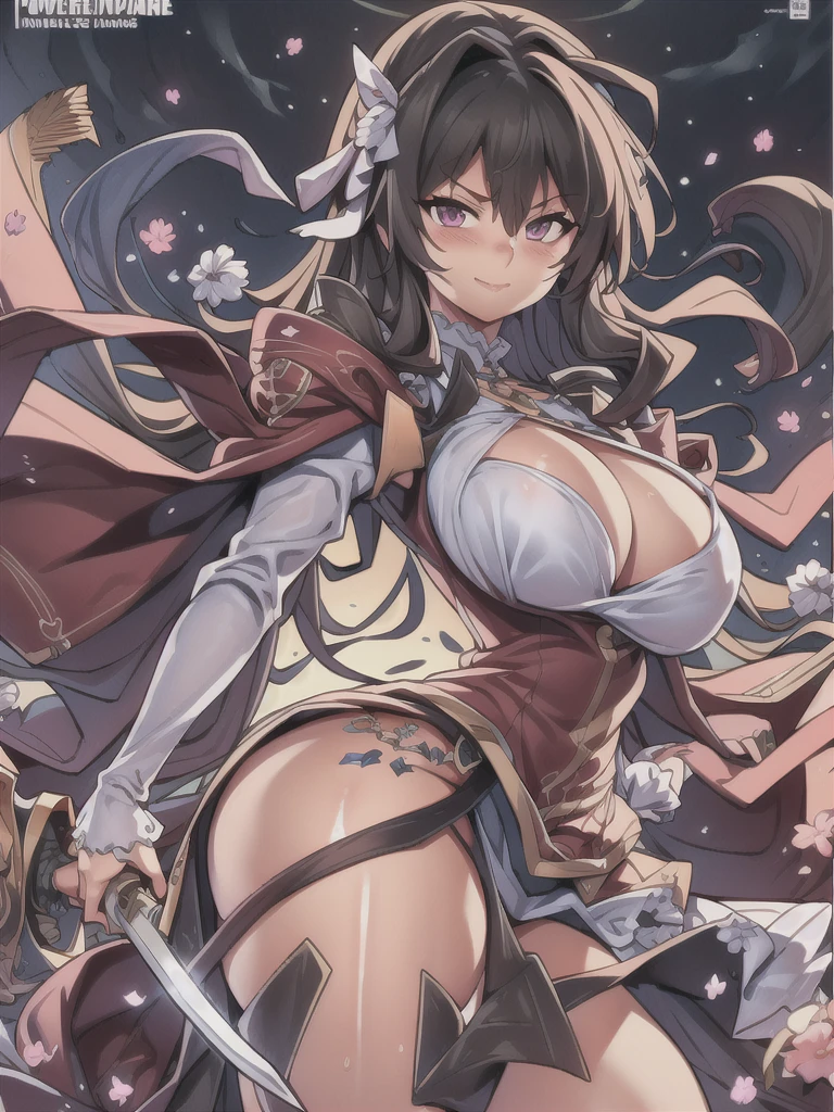 masterpiece,best quality,kim_kwang_hyun, 1girl,kashino, Brown  Long hair, big busty , large huge breasts, looking at viewer, pink eyes, Brown Long hair, bangs, large huge breasts, long sleeves, dress, cleavage, closed mouth, Long weapon((sword)), puffy sleeves, arm up, clothing cutout, copyright name, green dress, cleavage cutout, juliet sleeves , power armor, shoulder armor, Brown long hair,  smirk, pink eyes 