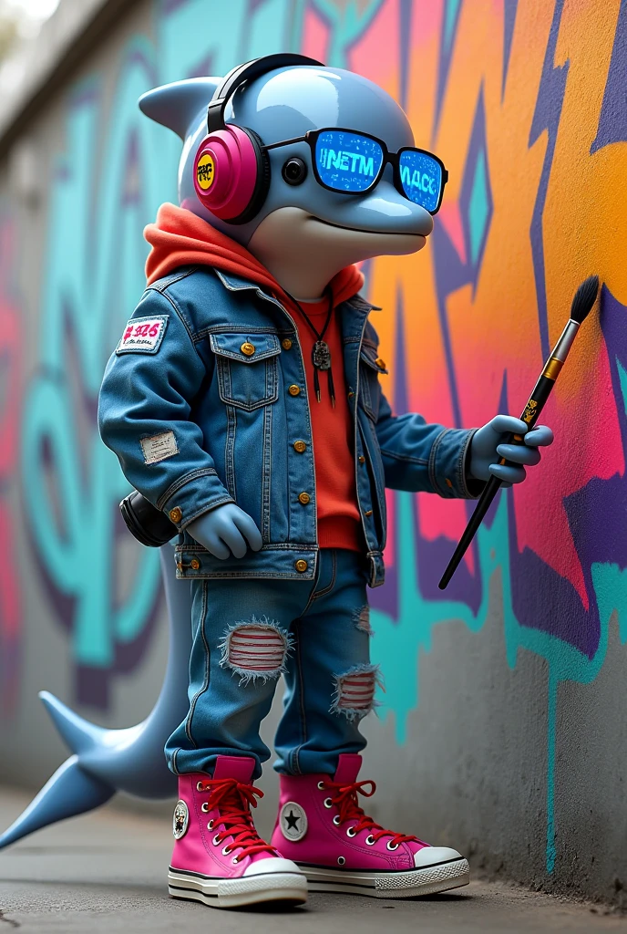 an anthropomorphic dolphin, dressed in 80s clothes but with cyberpunk style like a street art creator, He is wearing stereo headphones and glasses with a light blue HTML code on them.. He wears a camera hanging from his neck, On his light blue jacket he has the text in black ("seaart"). watching a group of people painting on the street