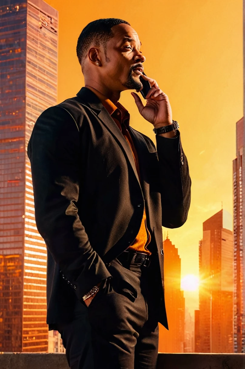 Will Smith in black clothes in a building, talking on the cell phone and looking to the side in an area with skyscrapers. the sun starts to set, creating an orange hue in the sky. bottom up camera angle artwork, best quality, (very detailed CG Unity 8k wallpaper) (best quality), (best illustration), (best shadows) naturey&#39, blue sea,delicate leaves petals of various colors falling in the air Light tracking, super detailed