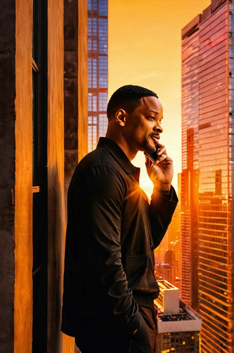 Will Smith in black clothes in a building, talking on the cell phone and looking to the side in an area with skyscrapers. the sun starts to set, creating an orange hue in the sky. bottom up camera angle artwork, best quality, (very detailed CG Unity 8k wallpaper) (best quality), (best illustration), (best shadows) naturey&#39, blue sea,delicate leaves petals of various colors falling in the air Light tracking, super detailed