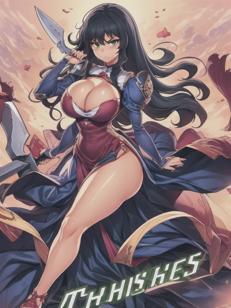 masterpiece,best quality,kim_kwang_hyun, 1girl, long blueish black hair,, chunky, solo, blueish black hair, Long hair, large huge breasts, looking at viewer, green eyes, blueish black hair, big bosom, cleavage bulge, large huge breasts, long sleeves, dress, cleavage, closed mouth, weapon (( hand-blade)), puffy sleeves, arm up, clothing cutout, copyright name, purple dress, cleavage cutout, juliet sleeves , power armor, shoulder armor, blueish black hair, green eyes, Serious 