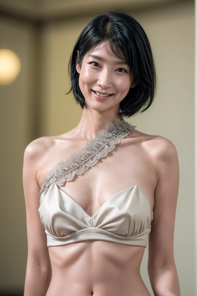 nsfw,(Realistic, photo-Realistic:1.4), (masterpiece, Best Quality:1.2), RAW Photos, High resolution, Intricate details, Very detailed, Realistic and sharp details, Cinema Lighting, Portraiture, (Bust Shot, abdomen:1.5), Front view, Alone, One girl, Japanese women, Black Hair, Short Hair, Attractive body, Detailed face, Fine grain, A sophisticated nose, Pale skin, clavicle,Cheerful smile photo background, indoor,,,[Hitomi Kuroki,Baolu],Cute nipples,(Big Breasts:1.2),nude,