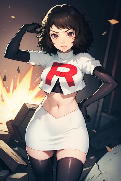 sadayokawakami,rocket,team rocket uniform, red letter R, white skirt,white crop top,black thigh-high boots,black elbow gloves, evil smile, look at viewer,