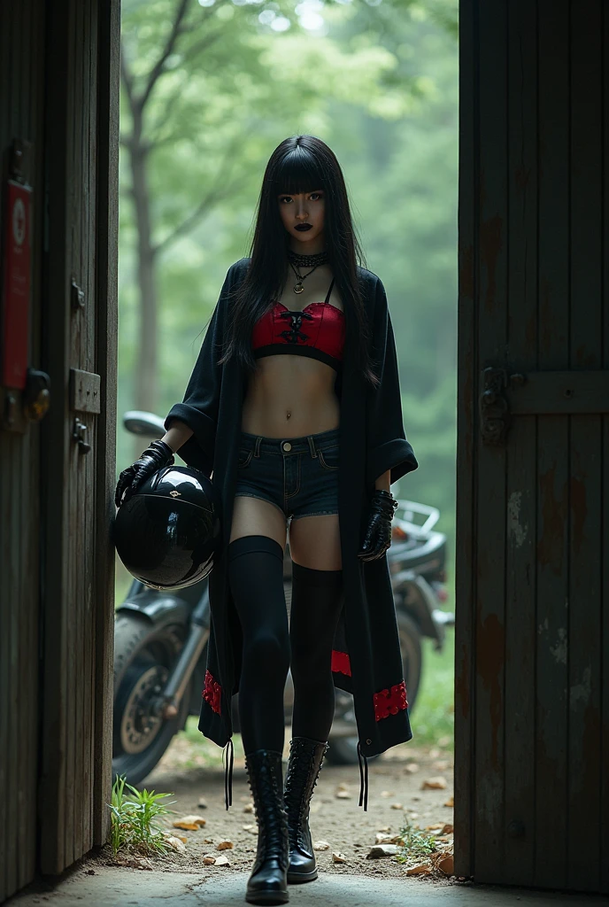 Woman standing in a door frame, with a relaxed pose. In the background you can see a forest and a motorcycle. She wears a kimono-style top with blood red details., black opaque tights and black denim shorts. He wears knee-high black combat boots., leather gloves and holds the motorcycle helmet. has long straight hair, and wears black lipstick.