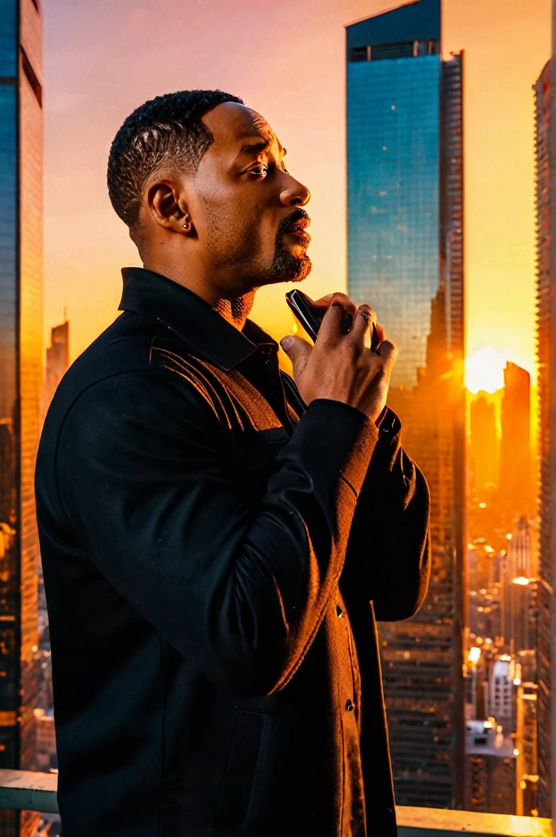 Will Smith in black clothes in a building, talking on the cell phone and looking to the side in an area with skyscrapers. the sun starts to set, creating an orange hue in the sky. bottom up camera angle artwork, best quality, (very detailed CG Unity 8k wallpaper) (best quality), (best illustration), (best shadows) naturey&#39, blue sea,delicate leaves petals of various colors falling in the air Light tracking, super detailed