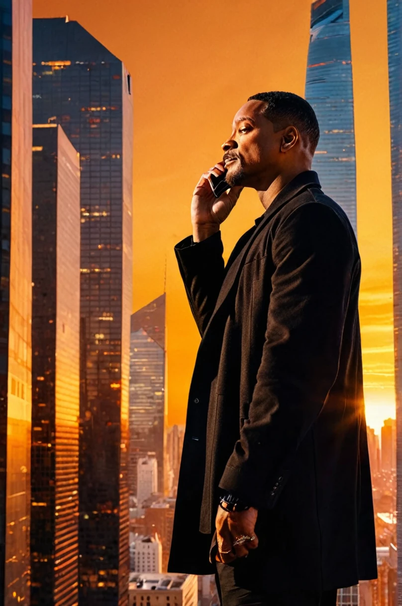 Will Smith in black clothes in a building, talking on the cell phone and looking to the side in an area with skyscrapers. the sun starts to set, creating an orange hue in the sky. bottom up camera angle artwork, best quality, (very detailed CG Unity 8k wallpaper) (best quality), (best illustration), (best shadows) naturey&#39, blue sea,delicate leaves petals of various colors falling in the air Light tracking, super detailed